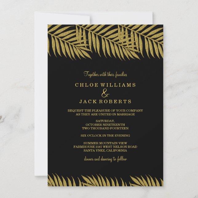 Elegant Gold Palm Tree Tropical Wedding Invitation (Front)