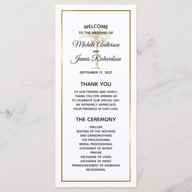 Elegant Gold Palm Tree Tropical Wedding Program (Front)