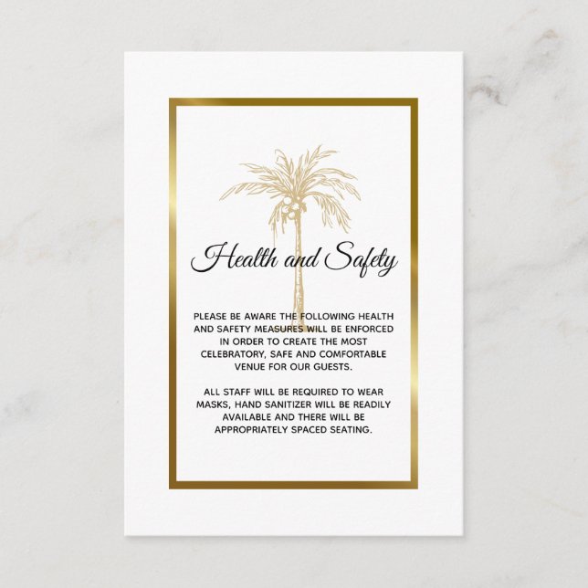 Elegant Gold Palm Tree Wedding Health and Safety Enclosure Card (Front)