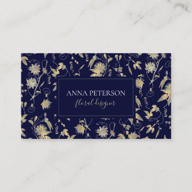 Elegant Gold Passion Flower Vine Dark Navy Blue Business Card (Front)