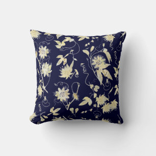 Elegant Gold Passion Flowers on Navy Blue Pattern Cushion