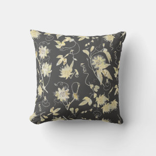 Elegant Gold Passion Flowers Pattern on Dark Grey Cushion