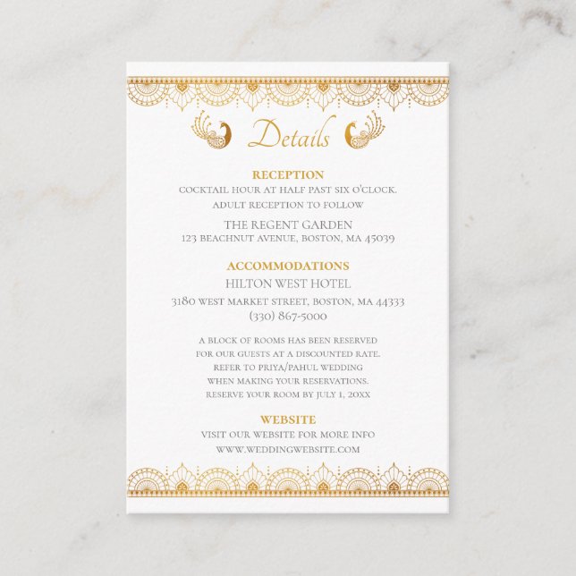 Elegant Gold Pattern Indian Wedding Details Enclosure Card (Front)