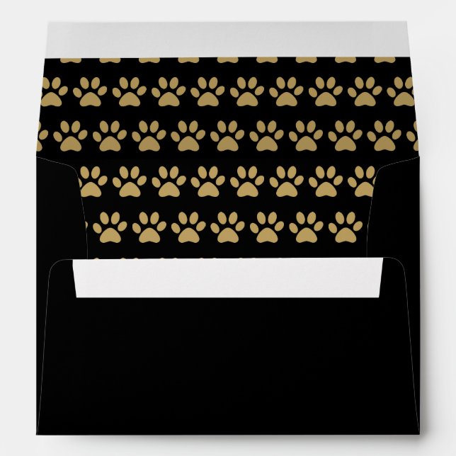 Elegant Gold Pawprint Pattern Script Name Black Envelope (Back (Bottom))