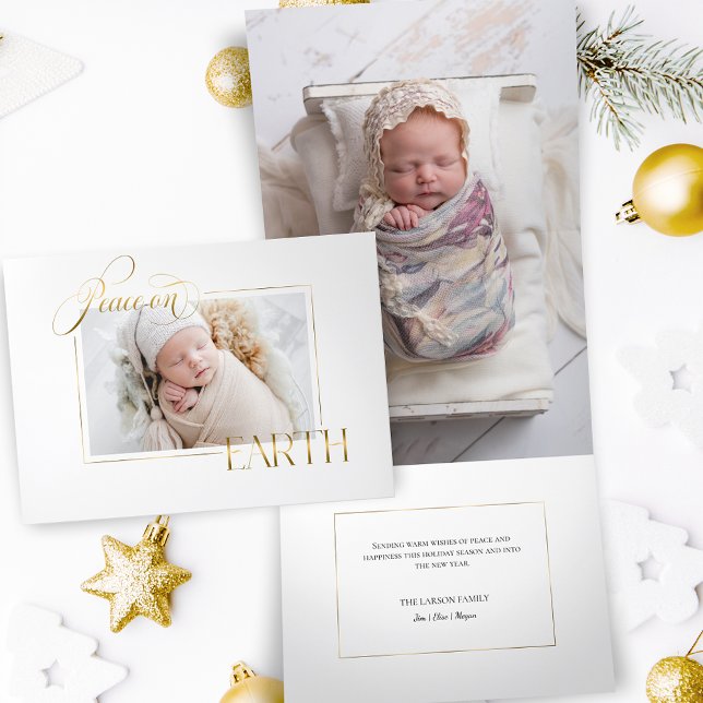 Elegant Gold Peace on Earth Photo Tri-Fold Holiday Card (Creator Uploaded)