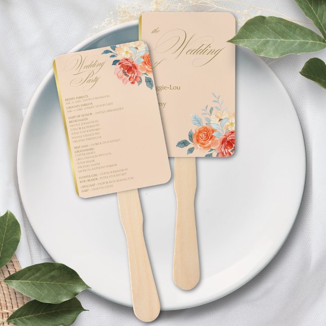Elegant Gold Peach Floral Script Wedding Program Hand Fan (Creator Uploaded)
