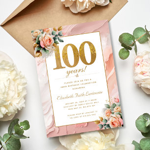 Elegant Gold Peach Pink Floral 100th Birthday Invitation