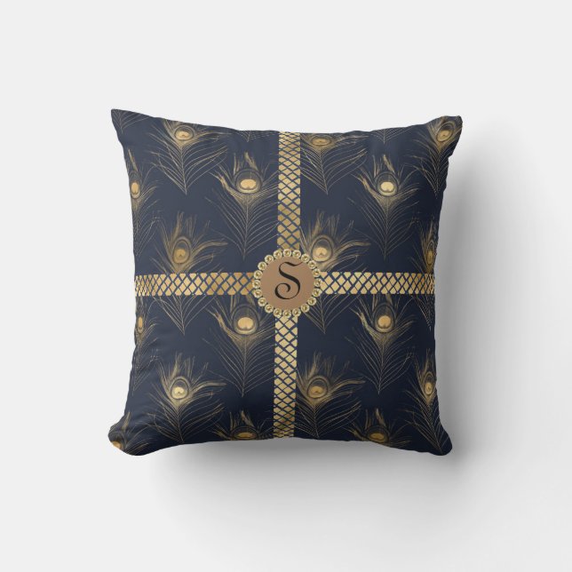Elegant Gold Peacock Blue Monogram Bling Glam Cushion (Front)
