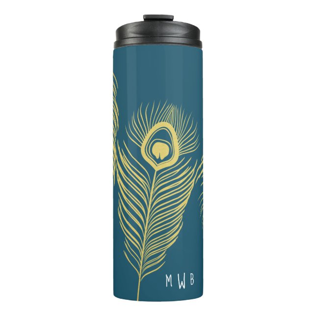 Elegant Gold Peacock Feathers Monogram Tumbler (Front)