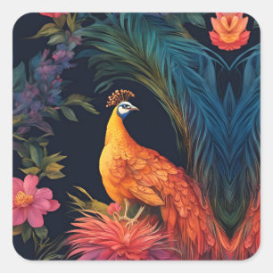 Elegant  Gold Peacock in Colourful Garden Square Sticker