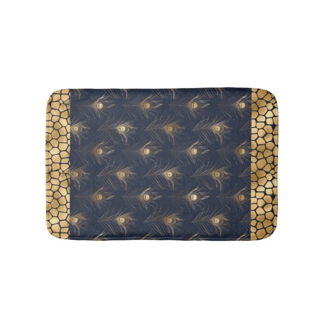 Elegant Gold Peacock Navy Blue Print Stylish Bath Mat (Front)
