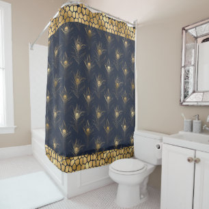 Elegant Gold Peacock Navy Blue Print Stylish Shower Curtain
