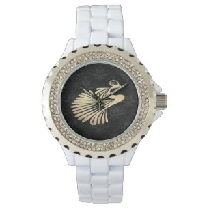 Elegant Gold Peacock On Black Damask Watch