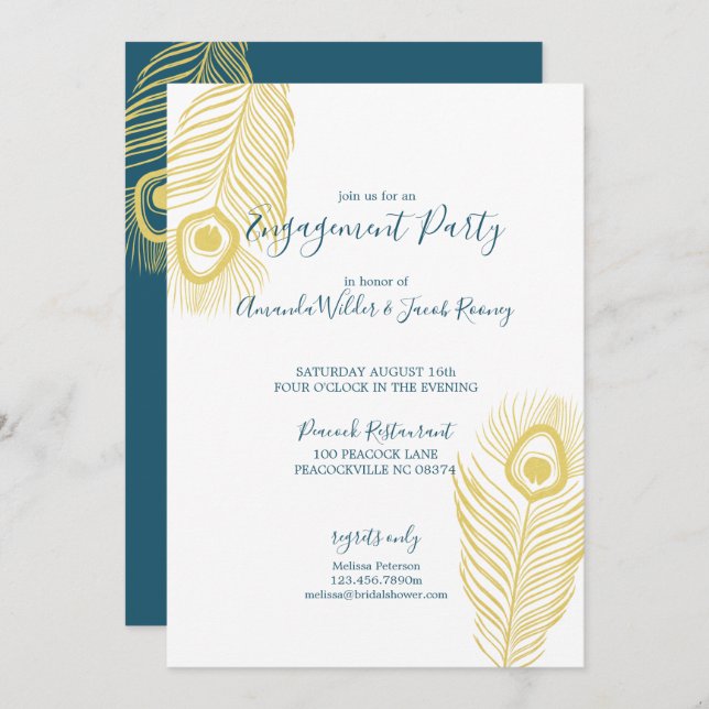 Elegant Gold Peacock Wedding Engagement Party Invitation (Front/Back)