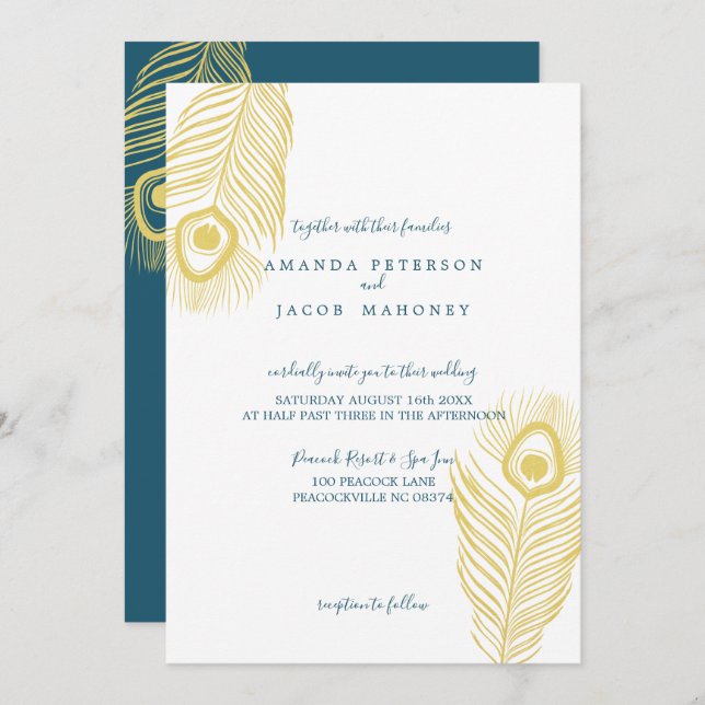 Elegant Gold Peacock Wedding Invitations (Front/Back)
