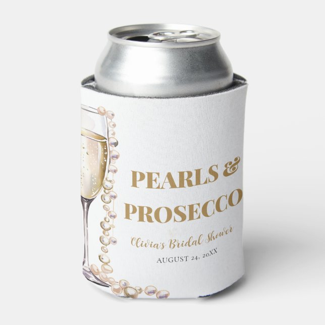 Elegant Gold Pearls and Prosecco Bridal Shower Can Cooler (Can Front)
