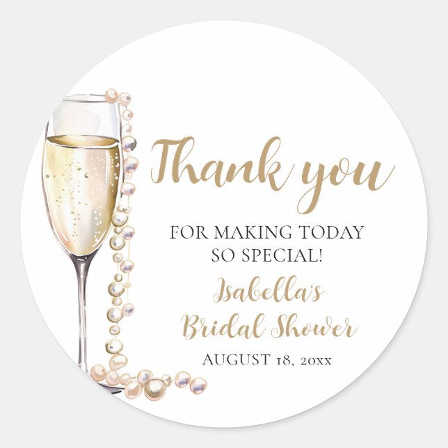 Elegant Gold Pearls and Prosecco Bridal Shower Classic Round Sticker (Front)