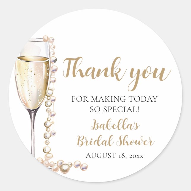 Elegant Gold Pearls and Prosecco Bridal Shower Classic Round Sticker (Front)