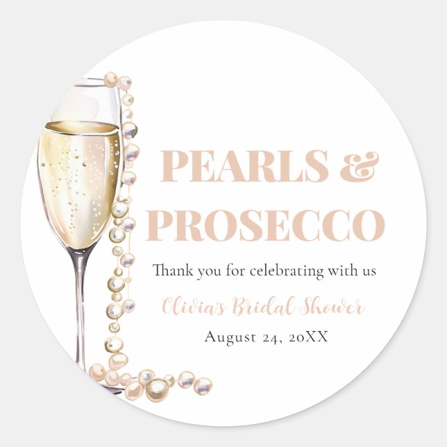 Elegant Gold Pearls and Prosecco Bridal Shower Classic Round Sticker (Front)