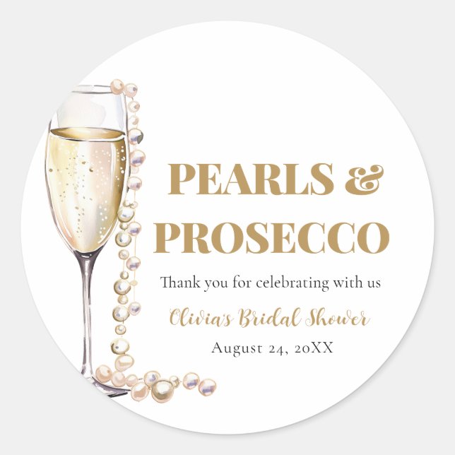 Elegant Gold Pearls and Prosecco Bridal Shower Classic Round Sticker (Front)