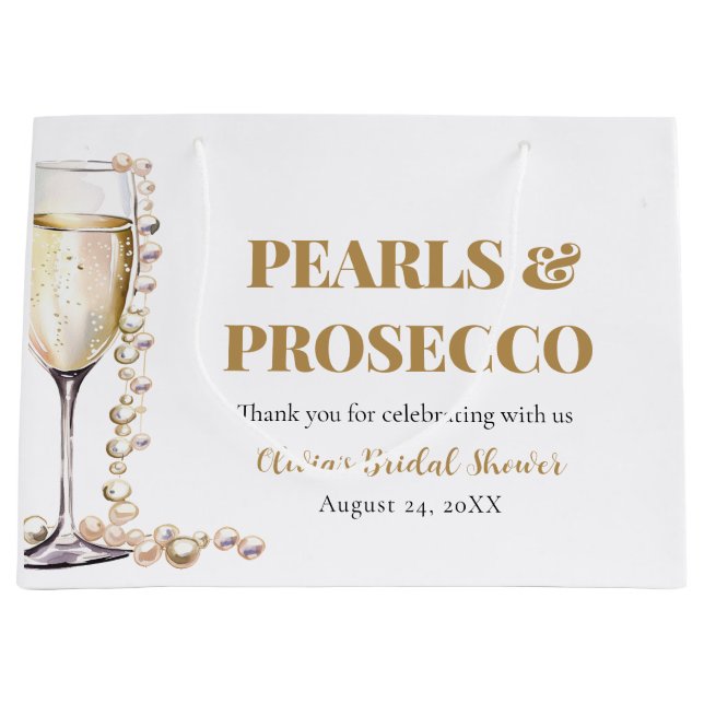 Elegant Gold Pearls and Prosecco Bridal Shower Large Gift Bag (Front)