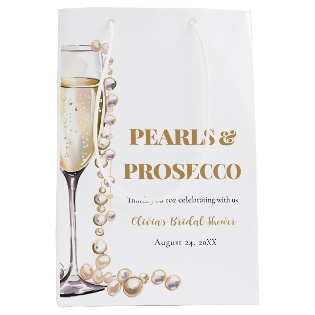 Elegant Gold Pearls and Prosecco Bridal Shower Medium Gift Bag (Front)