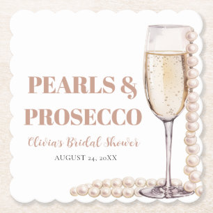 Elegant Gold Pearls and Prosecco Bridal Shower Paper Coaster