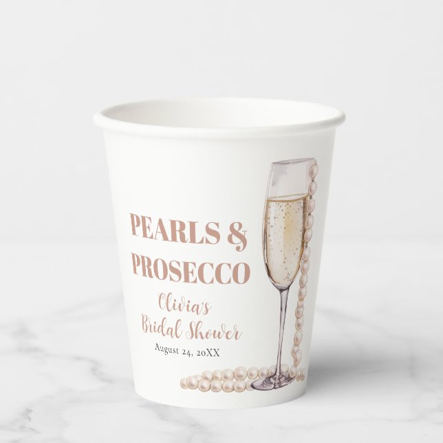 Elegant Gold Pearls and Prosecco Bridal Shower Paper Cups (Front)