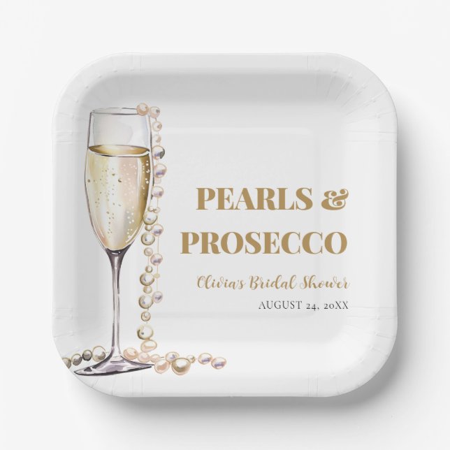 Elegant Gold Pearls and Prosecco Bridal Shower Paper Plate (Front)