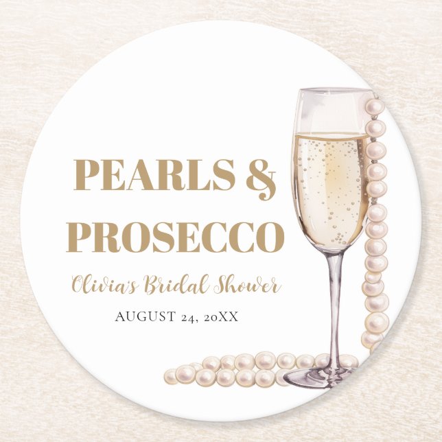 Elegant Gold Pearls and Prosecco Bridal Shower Round Paper Coaster (Front)