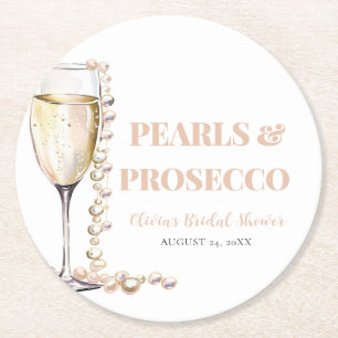 Elegant Gold Pearls and Prosecco Bridal Shower Round Paper Coaster