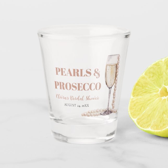 Elegant Gold Pearls and Prosecco Bridal Shower Shot Glass (Front)