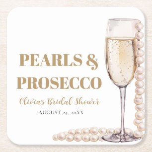 Elegant Gold Pearls and Prosecco Bridal Shower Square Paper Coaster