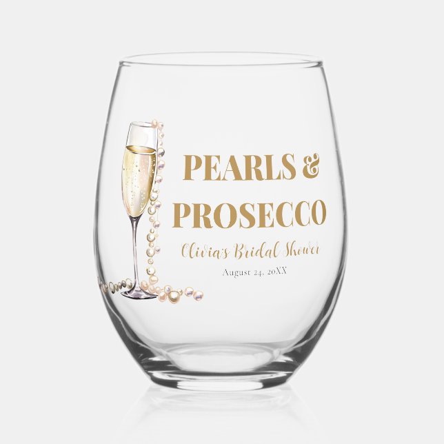 Elegant Gold Pearls and Prosecco Bridal Shower Stemless Wine Glass (Front)