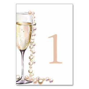 Elegant Gold Pearls and Prosecco Bridal Shower Table Number