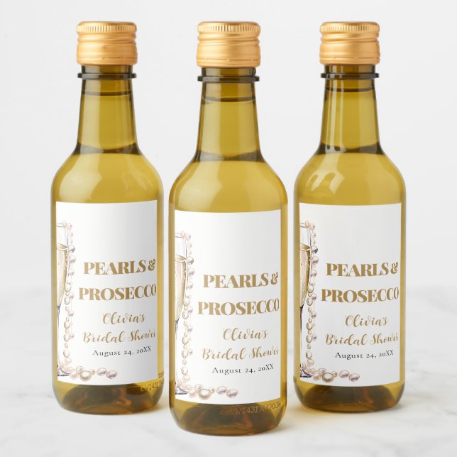 Elegant Gold Pearls and Prosecco Bridal Shower Wine Label (Bottles)