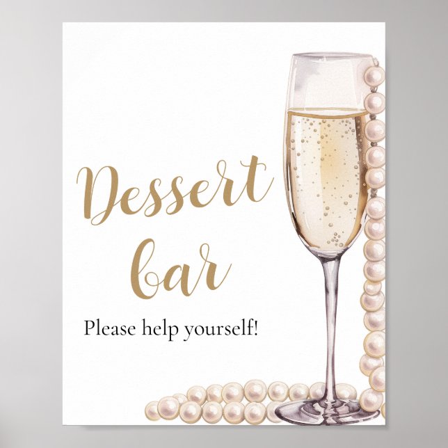 Elegant Gold Pearls and Prosecco Dessert Bar Sign (Front)