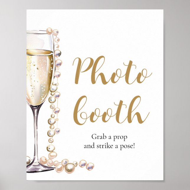 Elegant Gold Pearls and Prosecco Photo Booth Sign (Front)