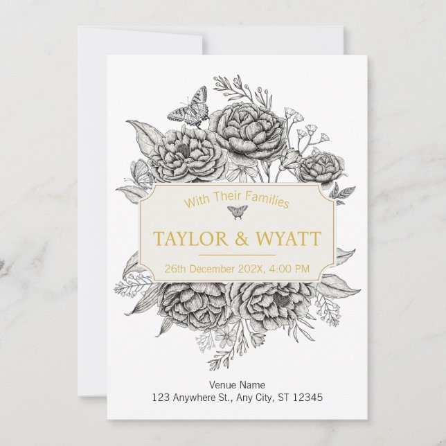 Elegant Gold Peonies Floral Invitation (Front)