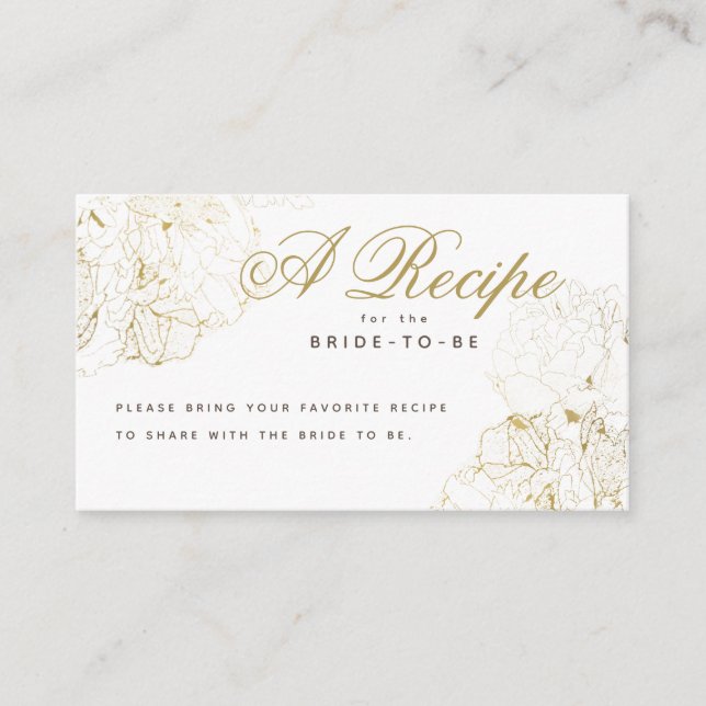Elegant Gold Peonies Sketch Bridal Shower Recipe Enclosure Card (Front)