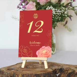 Elegant Gold Peony Chinese Wedding Table Number