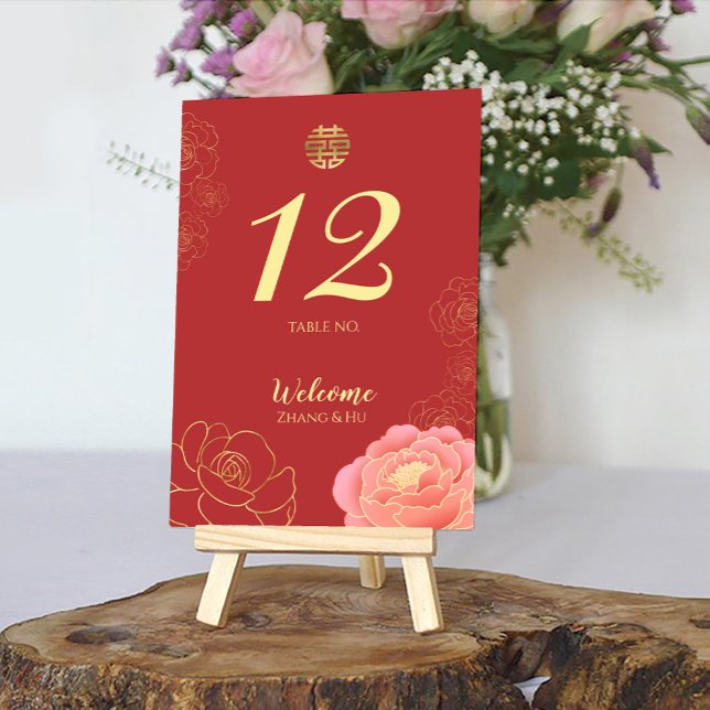 Elegant Gold Peony Chinese Wedding Table Number (Creator Uploaded)
