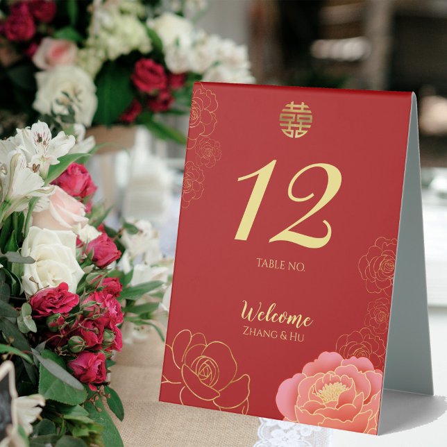 Elegant Gold Peony Chinese Wedding Table Tent Sign (Creator Uploaded)
