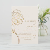 Elegant gold peony line art wedding invitation