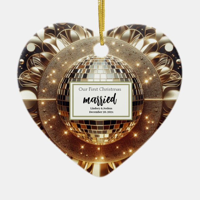 Elegant Gold Personalised First Christmas Newlywed Ceramic Ornament (Front)