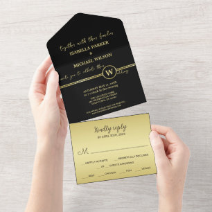 Elegant gold Personalised  Monogram on black  All In One Invitation