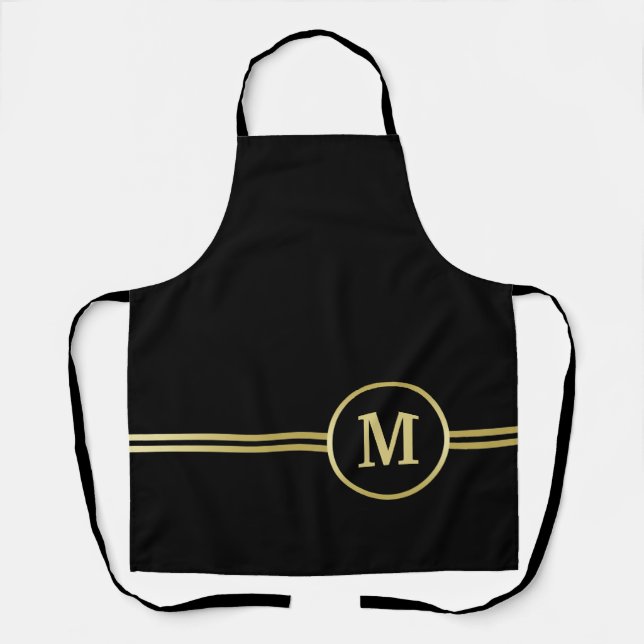Elegant gold Personalised  Monogram on black  Apron (Front)