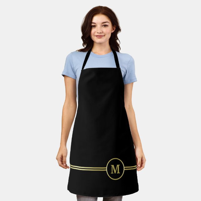 Elegant gold Personalised  Monogram on black  Apron (Worn)