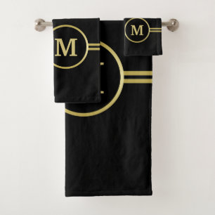 Elegant gold Personalised  Monogram on black  Bath Towel Set