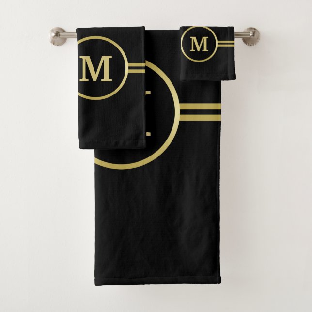 Elegant gold Personalised  Monogram on black  Bath Towel Set (Insitu)